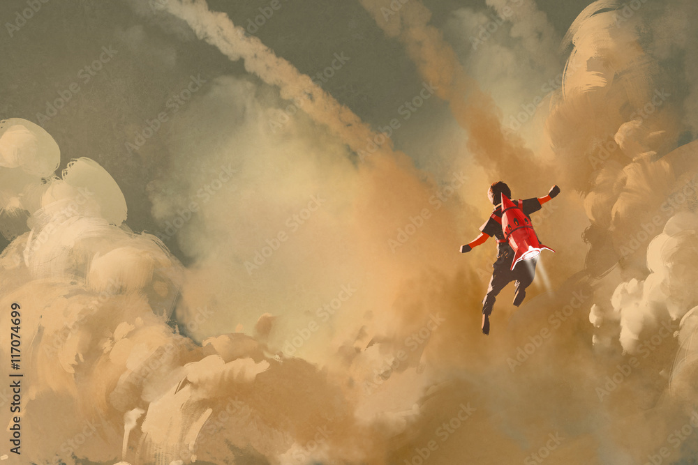Fototapeta premium boy flying in the cloudy sky with jet pack rocket,illustration painting