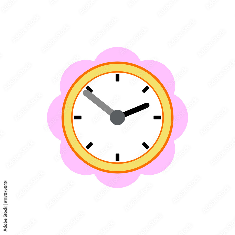 Wall clock with pink rim icon in flat style on a white background