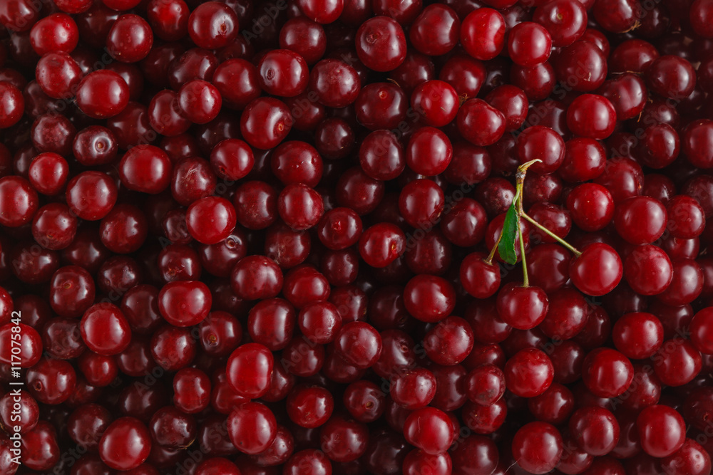 ripe cherries with a leaf on a background of cherries