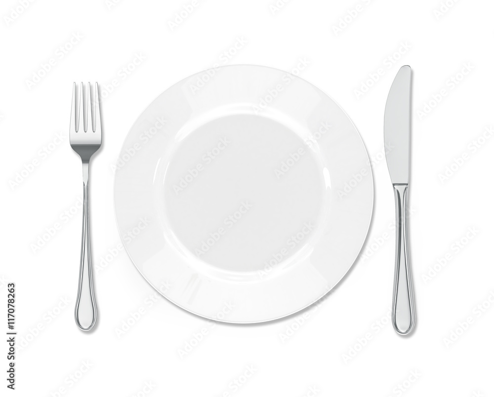 white plate with silver fork and spoon isolated on white backgro white plate with silver fork and spoon isolated on white backgro