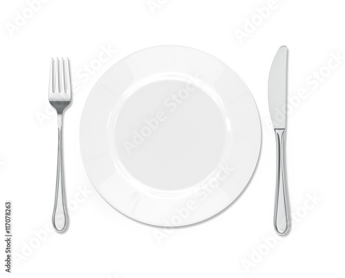 white plate with silver fork and spoon isolated on white backgro