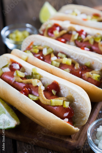 Hot dogs with onions and pickles