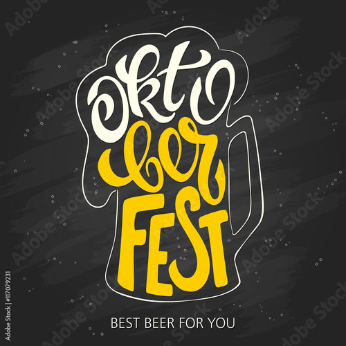 vector hand lettering oktoberfest label in beer mug shape is surrounded with bubbles