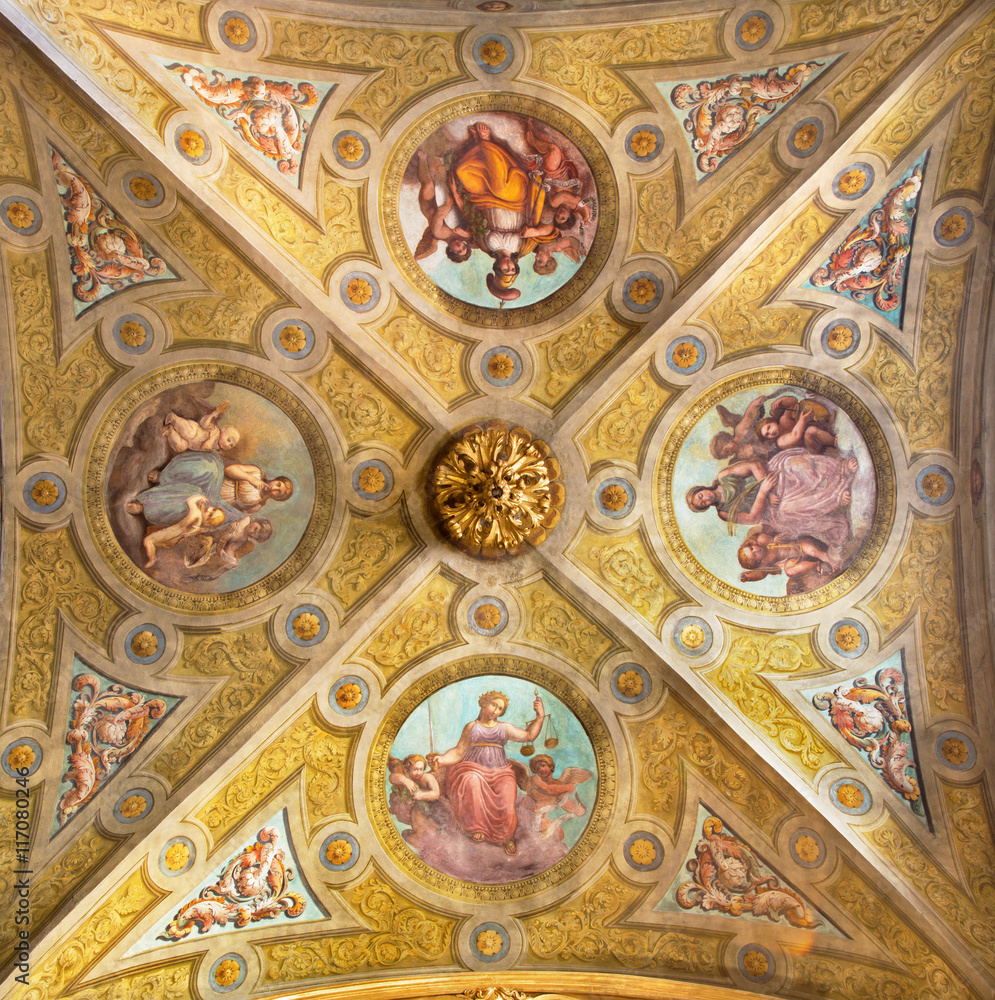CREMONA, ITALY - MAY 25, 2016: The ceiling fresco of symbolic four virtues in The Cathedral by unknown artist of 17. cent.