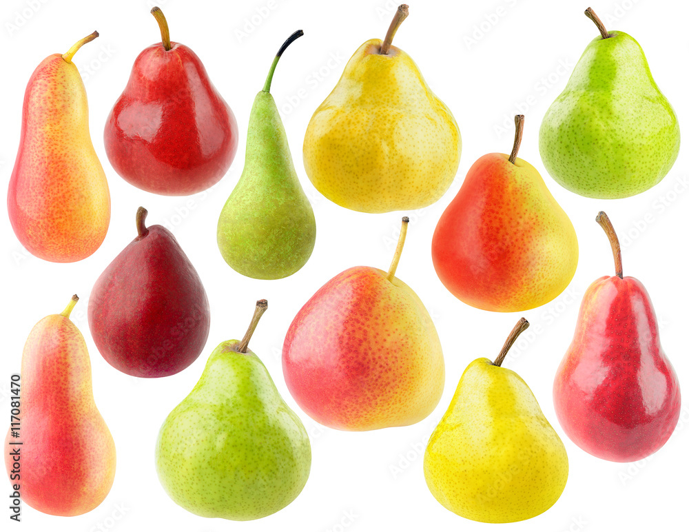 Collection of isolated pears of various colors and shapes Collection of isolated pears of various colors and shapes