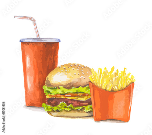 Watercolor fast food. Red pocket of french fries, red cola cup and fresh delicious burger on white background.