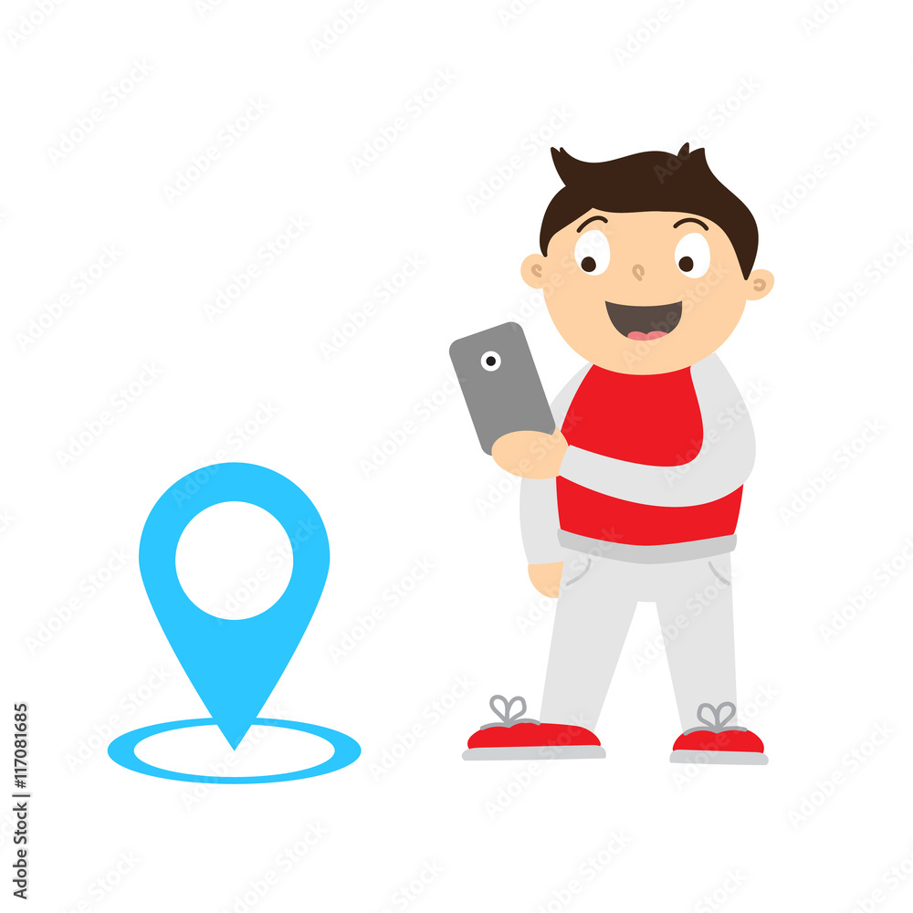 Cartoon illustration of a kid playing video game on his smartphone for keep fit. Boy finding and catching monsters with gps. Keeping with children healthy using video games concept. Cartoon illustration of a kid playing video game on his smartphone for keep fit. Boy finding and catching monsters with gps. Keeping with children healthy using video games concept.