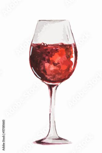 Isolated watercolor red wine glass on white background. Concept of celebration, relaxing or restaurant menu.