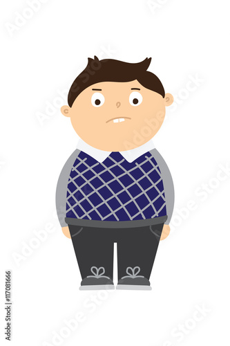 Chubby kid with obesity. Isolated cartoon fat character. Childhood obesity. Boy with overweight. Sad face.