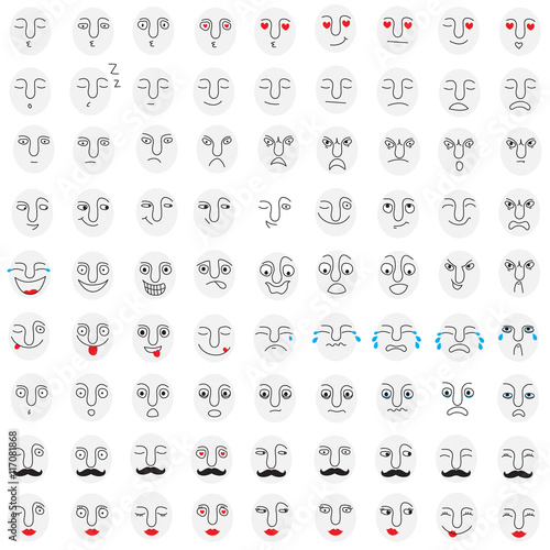 Face emoji set. All kinds of emoji like happiness, sadness, anger and other emotions. For avatar, stickers and more.