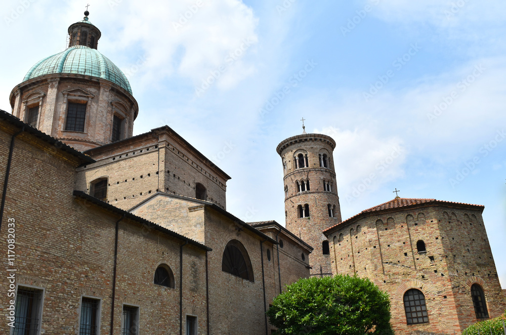 The Baptistry of Neon, the Paleochristian bell tower and the neo-classic dome of the Metropolitan Cathedral of the Resurection of Our Lord Jesus Christ, Ravenna, Italy