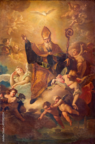 CREMONA, ITALY - MAY 25, 2016: The painting of Saint Benedict in Glory in in The Cathedral by Giovanni Angelo Borroni (1684 - 1772)