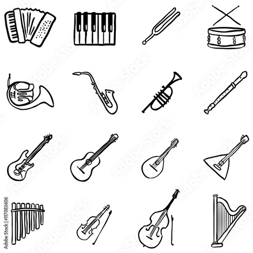 Vector Set of Black Doodle Musical Instruments Icons