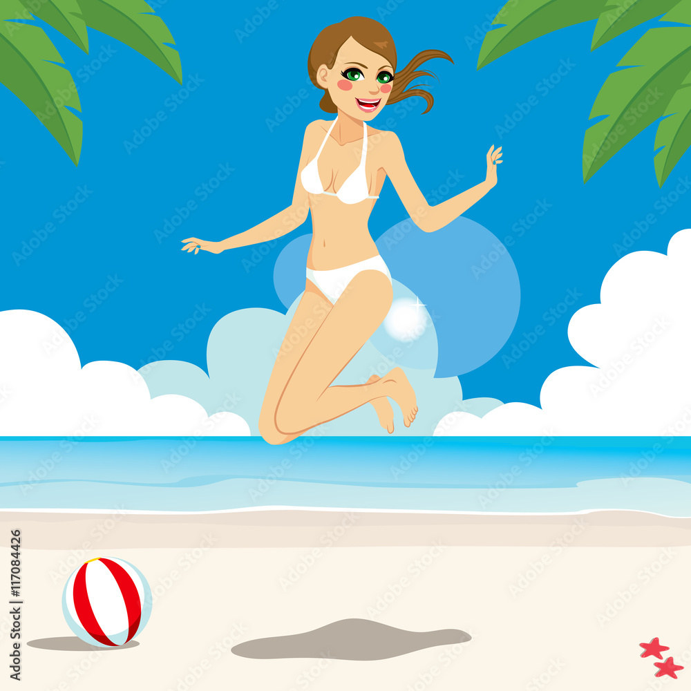 Beautiful brunette woman in bikini jumping happy on tropical beach