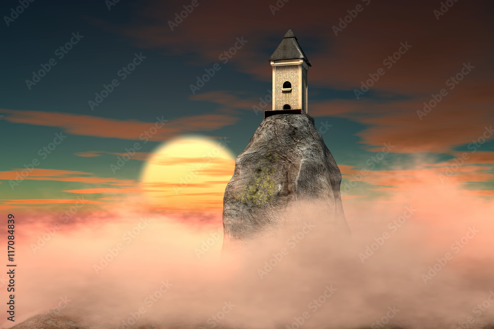 Fototapeta premium 3d illustration of Dragon tower on dramatic sky fantasy background with full moon rising
