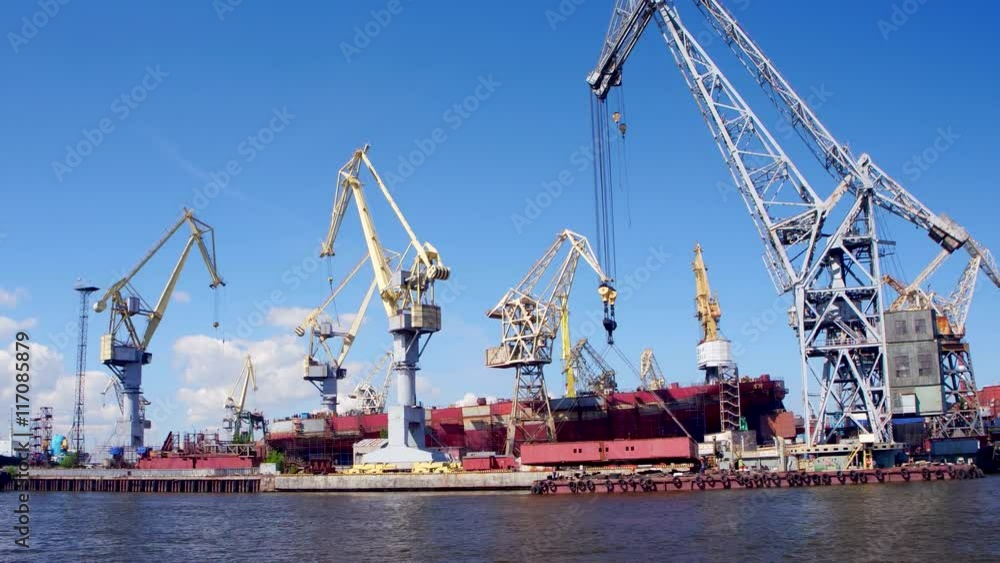 shipyard with cargo cranes. view from ship shipyard with cargo cranes. view from ship