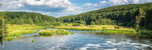летний пейзаж на берегу реки с сосновым бором, Россия, Урал, 