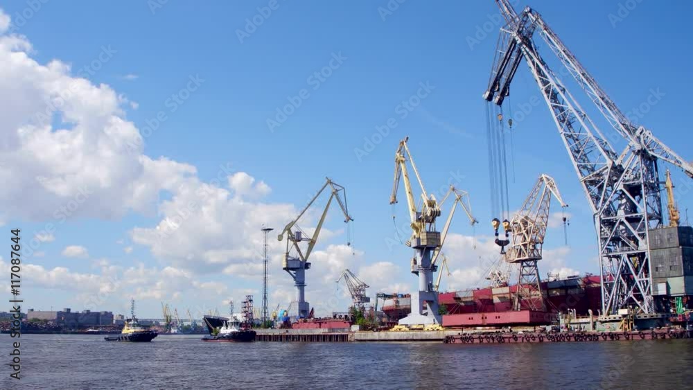 shipyard with cargo cranes. view from ship shipyard with cargo cranes. view from ship