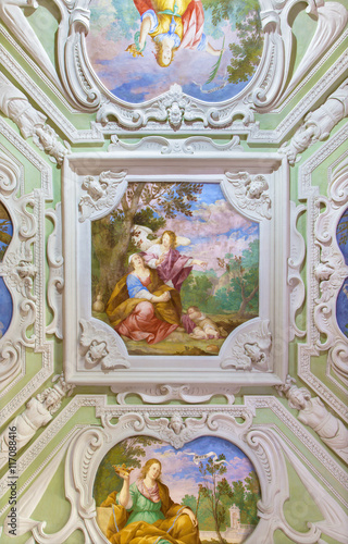 CERVENY KAMEN, SLOVAKIA - JULY 19, 2016: The ceiling fresco with Hagar and Ismael on the desert in castle Cerveny Kamen by Carpoforo Tencalla (1623 - 1685). photo