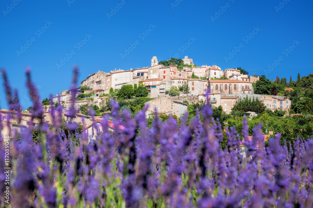 Simiane la Rotonde village with lavender field in Provence, France