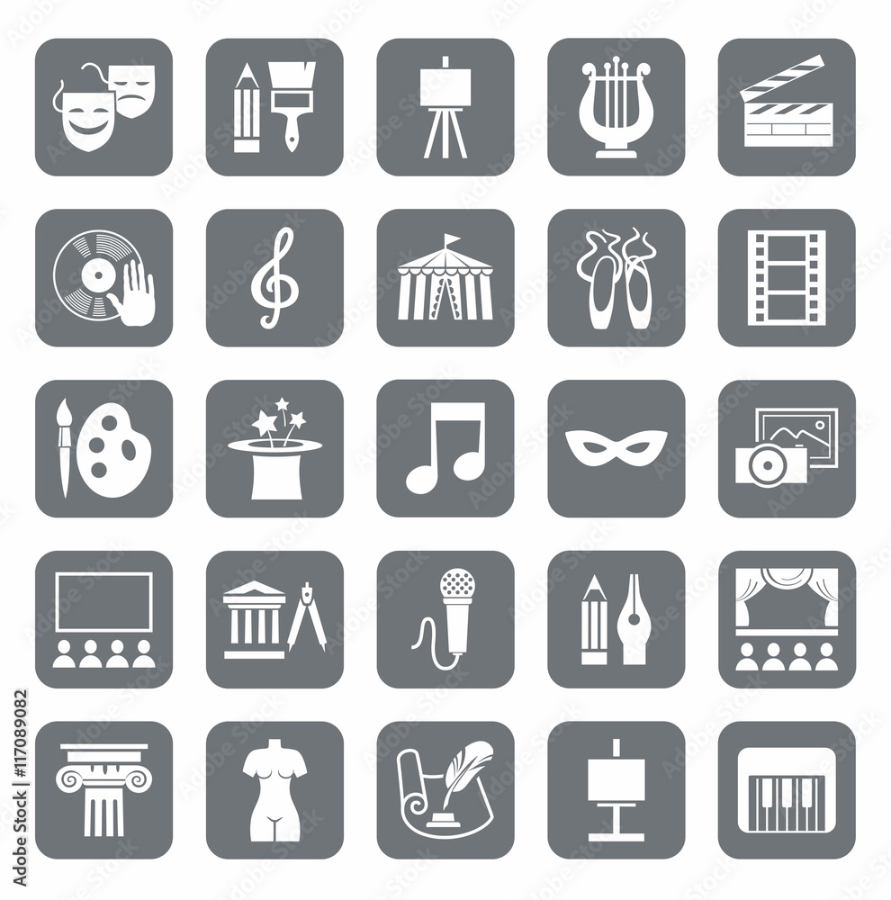 Culture and art, icons, gray, monochrome. Vector icons with pictures of objects and subjects of culture and art. White figures on a gray background. Culture and art, icons, gray, monochrome. Vector icons with pictures of objects and subjects of culture and art. White figures on a gray background.