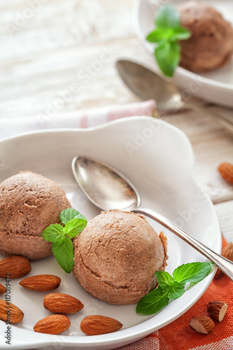 Chocolate ice cream with almond and mint
