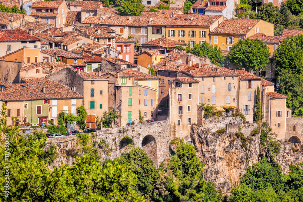 Moustiers Sainte Marie village on rocks in Provence, France