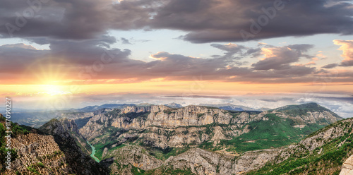 Amazing View Of The Gorges Du Verdon Canyon against colorful sunset in Provence, France. Provence-Alpes-Cote d'Azur.