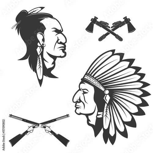 Set of american native chief heads. American indians headdress a
