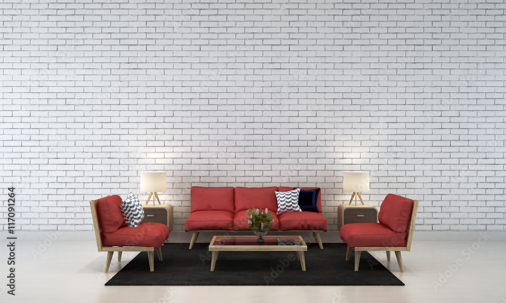 minimal living room and red sofa white brick wall - obrazy, fototapety, plakaty 