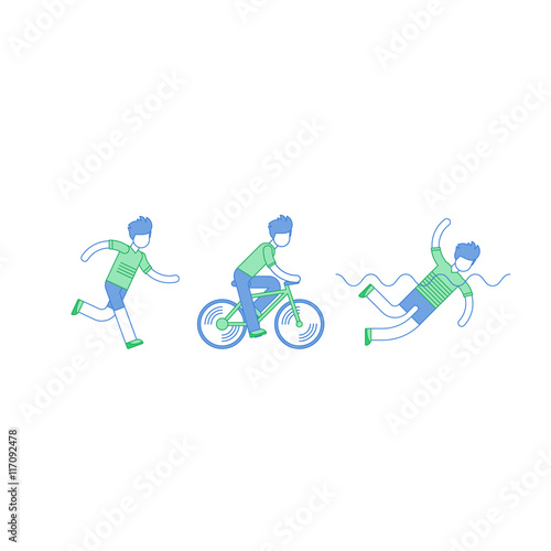 Triathlon sports activity, running man challenge, cycling on bicycle race, swimming competition