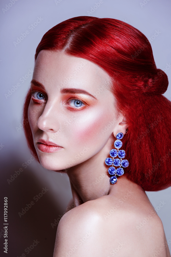 red hair beauty woman portrait on grey background red hair beauty woman portrait on grey background