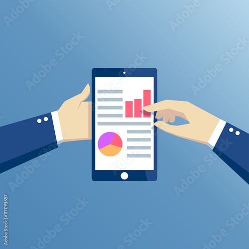 Hands holding a mobile phone with graphs and diagrams, flat design business concept web analytics