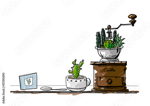 Hand drawn cactus in cup and coffee grinder