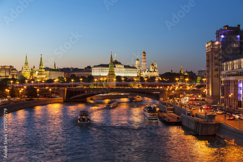 Night views of Moscow, the river, the bridge and the Kremlin, Russia