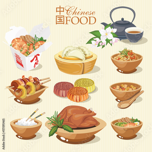 China travel vector illustration. Chinese set with architecture, food, costumes, traditional symbols in vintage style. Chinese text means China