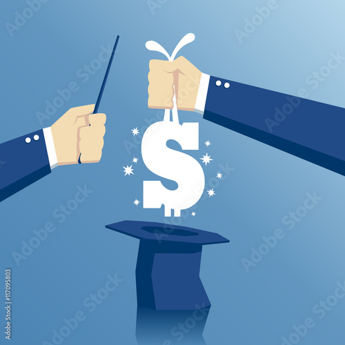 business concept success and fast money, hand pulls money out of a hat, hand with a magic wand