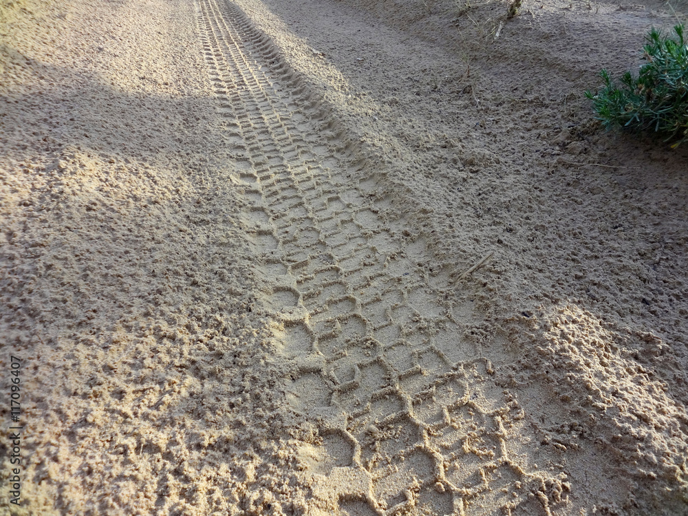 SUV wheel trace on the desert road after the rain in the Western Kazakhstan