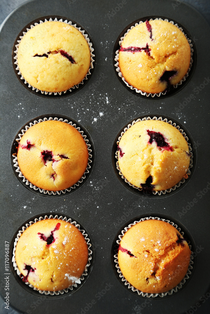 Muffins with blueberries in form for baking