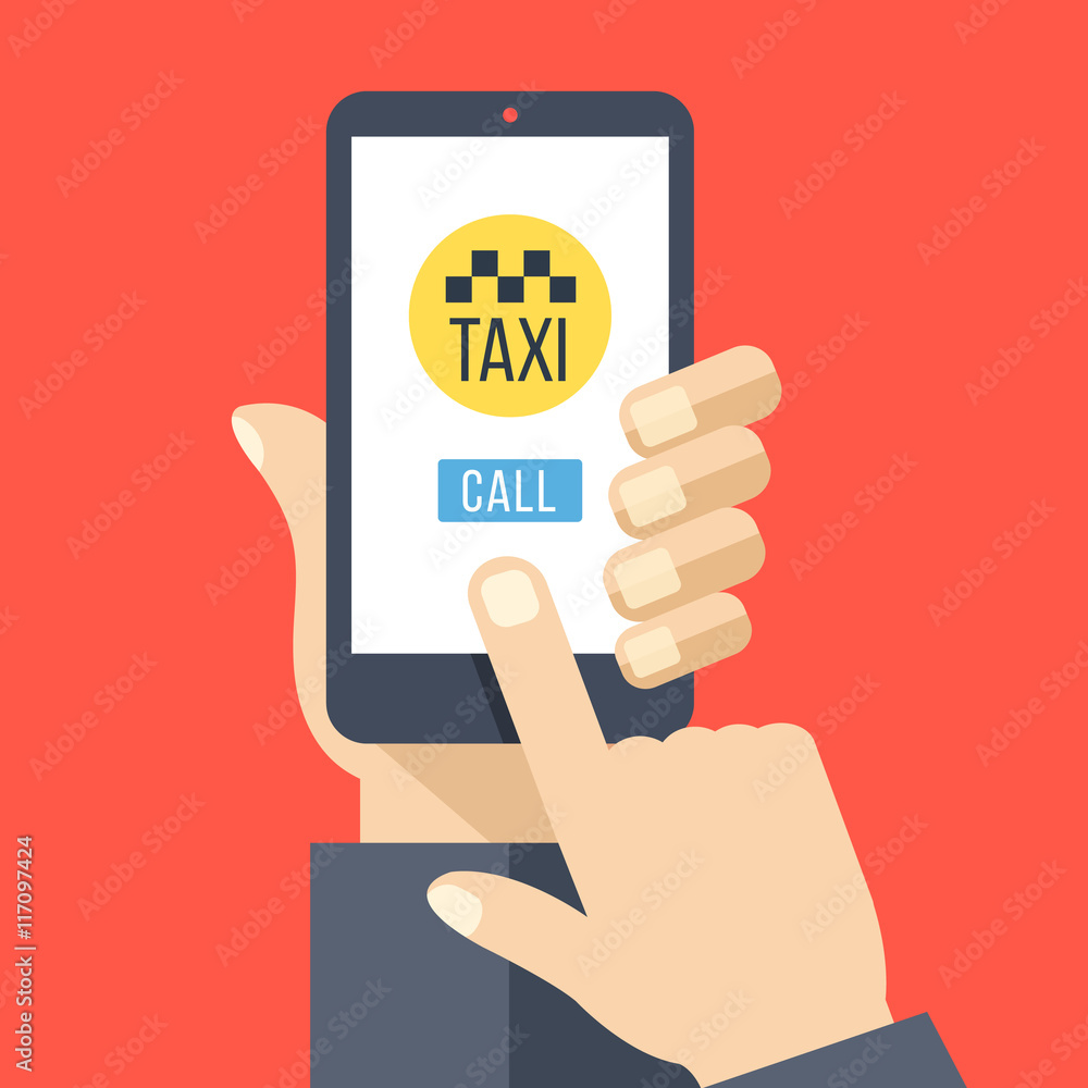 Taxi app on smartphone screen. Hand holds smartphone, finger touches screen. Get taxi with mobile phone. Modern flat design vector illustration Taxi app on smartphone screen. Hand holds smartphone, finger touches screen. Get taxi with mobile phone. Modern flat design vector illustration