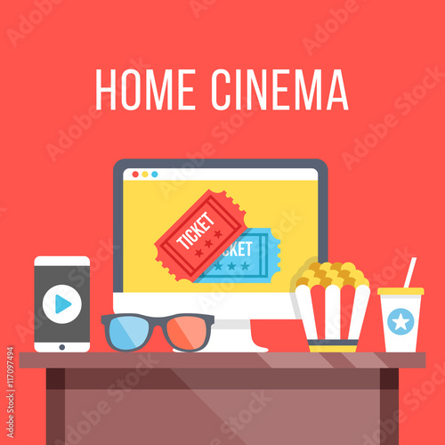 Home cinema. Table with desktop computer, cinema tickets on screen, 3D glasses, smartphone with play button, popcorn and soda. Watch movies online concept. Modern flat design vector illustration