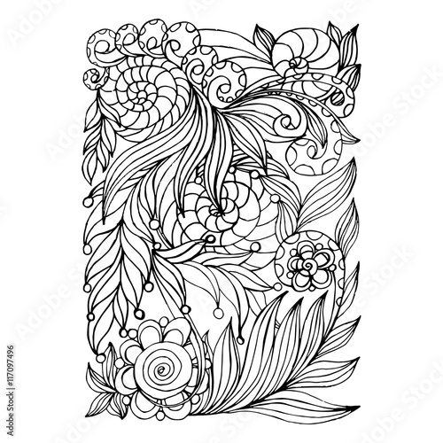 Mono color black line art element for adult coloring book page design.Floral collection. Ethnic zentangle ornament