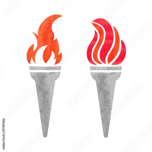 Two watercolor torches with flames isolated on white. Vector illustration.