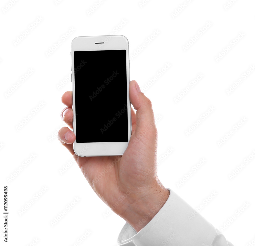 Man hand holding smartphone, isolated on white