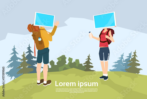 Traveler Man Woman, Video Blogger Couple Outdoor Hiking