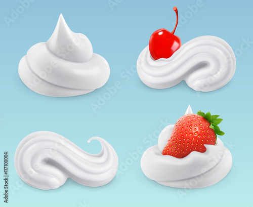Whipped cream, sweet cream, cherries and strawberries, vector set