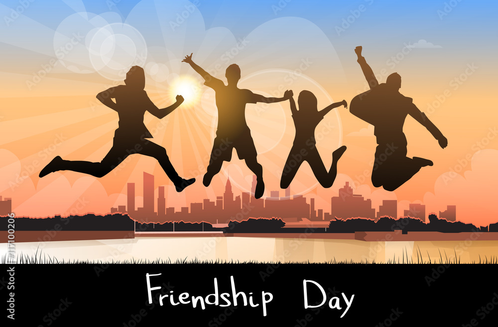 Obraz premium Silhouette People Group Jumping Over City Background Friendship Day Banner