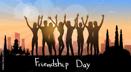 Silhouette People Group Holding Hands Up Over City Background Friendship Day Banner