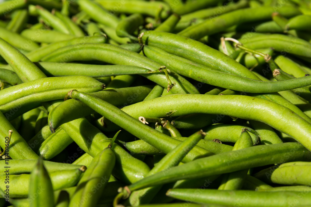 Macro of Bunch of Fresh Green Beans at Local Food Market Macro of Bunch of Fresh Green Beans at Local Food Market