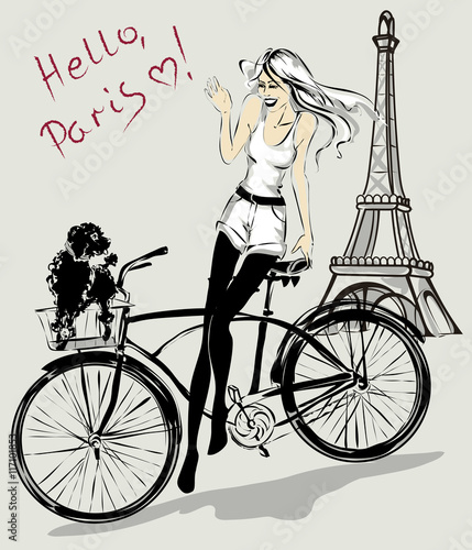 Retro fashion girl with dog in a bicycle basket near Eiffel Tower, Paris